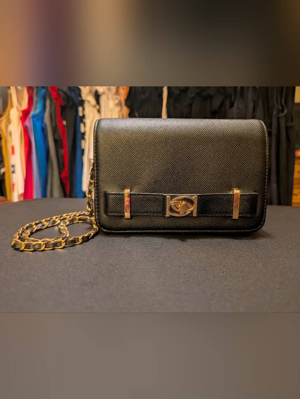 Black Leather Chain Shoulder Bag with Gold Hardware
